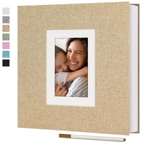 Vienrose Self Adhesive Photo Album with Window, 40 Pages, 28x27.4 cm, Khaki | Diy Scrapbook Book, 6X4 Cover Display Pocket, Magnetic Sticky Pages, Acid Free Linen, Wedding Family Anniversary