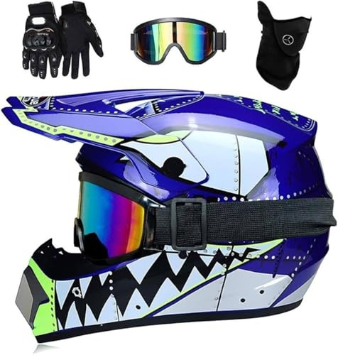 Unisex Sport Motocross Helmet Set, Full-Face Off Road Motorbike Helmet, Adult Downhill Enduro Racing MTB ATV Karting Scooter MX Quad Dirt Bike Crash Helmet(Blue,M(54~55cm))