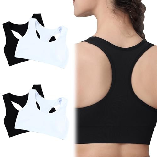 ZhongShuang 4er-Pack Mädchen Sport BH, Bauchfreie Tops, Sport-BH,Kinderunterwäsche, Nicht Gepolsterter Trainings-BH, Teenager, 8-14 Jahre(Schwarz Und Weiß)