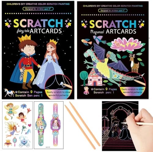 Georgie Porgy Kratzbilder Set DIY Bastelsets für Kinder Magic Rainbow Scratch Paper Kratzpapier Kratzbuch Ostern Weihnachten Geburtstagsgeschenk für Jungen Mädchen (Prinz und Prinzessin Rapunzel)