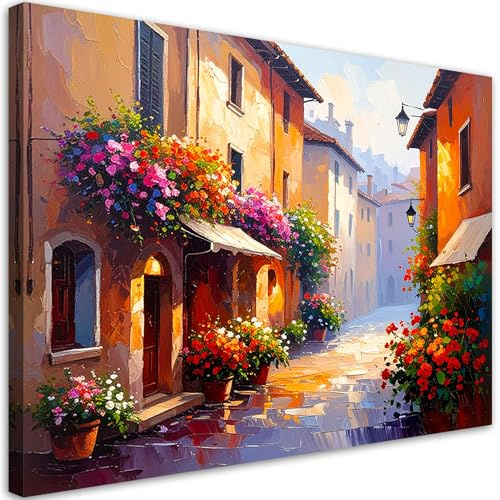 Feeby Wandbilder - Bilder Schlafzimmer - 90x60 1tlg - Wohnzimmer Bild Groß - Wohnungs - Foto Geschenk - Leinwand Wall Art - Wand Deko - Italien - Gassen - Blumen - Häuser