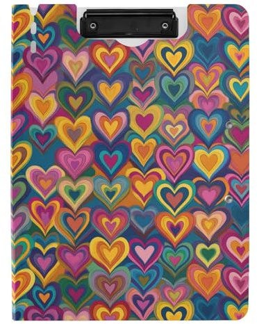 Klemmbrett-Mappe, Retro, bunte Herzen, gestreift, A4-Klemmbrett mit Padfolio, Doppel-Clips, Stifthalter, Schulklemmbrett mit Abdeckung