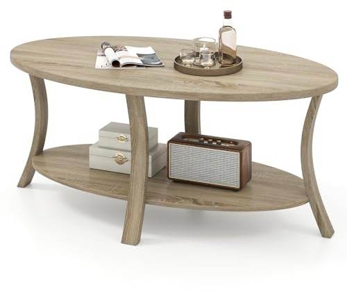 LIFEZEAL Ovaler Couchtisch Holz, Wohnzimmertisch mit 2 Ebenen & Ablagefach, Rustikaler Sofatisch für Zuhause, Büro, 111 x 60,5 x 47 cm (Natur)