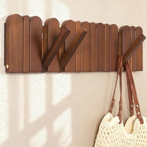 Wandgarderobe aus Buche in Walnussoptik: 8 klappbare Magnet-Haken 55 cm Garderobenleiste für Jacken, Rucksäcke Flur Diele