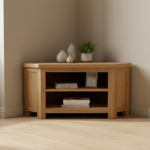 GROFurniture Oak TV Unit for Corner - Solid Oak Media Unit with Shelf Display Unit - Livingroom Furniture - Ready Assembled Corner Display Unit