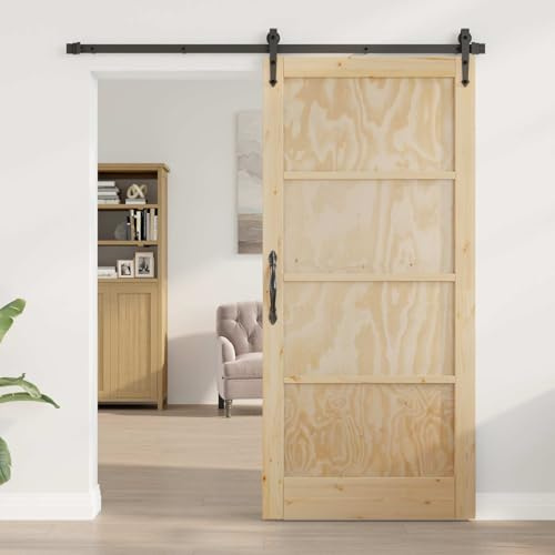 LoogCape Puerta interior de madera contrachapada natural, 93 x 202 cm, mecanismo deslizante para lavadero y vivienda, con marco de pino y hoja de madera