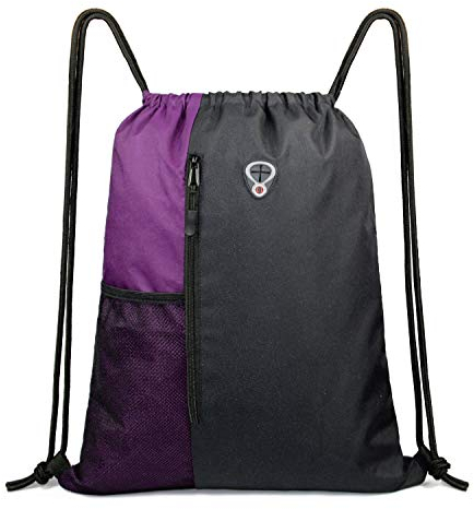 Drawstring Gym Backpack for Teens - PE String Swim Bag With Zipper and Mesh Pockets - Large Sport Travel Beach Pack for Men Women Unisex - Black & Purple