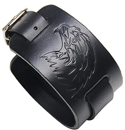 Thajaling Bracelet en Cuir Noir Tête de Hibou Bracelet Style Punk Large Bracelet Manchette Bracelet Bracelet pour Hommes et Femmes