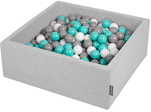 KiddyMoon Piscine À Balles pour Bébé Carré 90X30cm/200 Balles 7Cm Fosses À Boules Jouet Enfant, Gris Clair: Blanc/Gris/Turquoise Clair