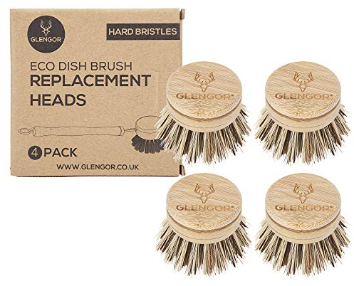 Glengor Eco Friendly Washing Up Brush Replacement Heads | Pack of 4 | Plastic Free | Zero Waste Scrubbing Brush Heads for Home | Vegan | (Hard Bristles)