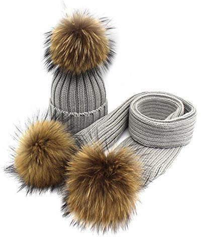 Premewish Mädchen Jungen Strick Mütze Beanie Wolle Schal Wollmütze Bommelmütze Winterschal Kombi Set Kinder mit Echtfell (Blau) (Grau)