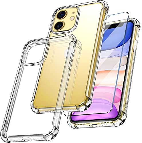 New&Teck – Funda compacta con iPhone 11 + [Protector de Pantalla de Cristal Templado], Funda Transparente de Silicona TPU Flexible [Bumper con Esquinas reforzadas], protección Clara.