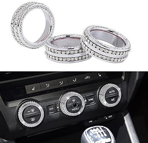 VDARK Bling AC Knopfabdeckungen für Skoda Zubehör Octavia Super Karoq Kodiaq GT Kamiq GT 2014-2020 Autoinnenraum Metall Aufkleber Silber 3 Stück