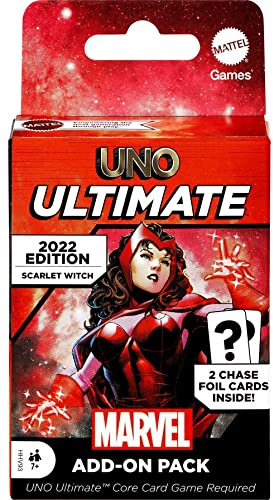 ​UNO Ultimate Marvel Kartenspiel Add-On Pack mit Scarlet Witch Character Deck & 2 Sammelfolienkarten, Geschenk für Sammler & Kinder ab 7 Jahren