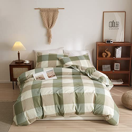 Bobode - Set copripiumino a quadri verde matrimoniale in cotone con griglia, set copripiumino a quadri buffalo moderni con chiusura a cerniera e lacci angolari, facile da curare, morbido - senza