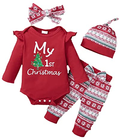 La mia prima bambina di Natale outfit per lettere di albero di Natale stampa per cannone a manica lunga pantaloni lunghi vestiti per cappello a fascia cadente 4pcs set rosso 9-12 mesi
