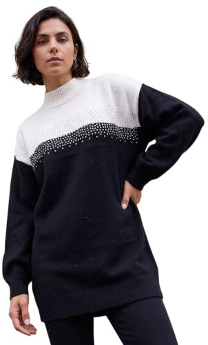 Roman Originals Colourblock Embellished Longline Jumper for Women UK - Ladies Autumn Everyday Winter Holiday Funnel Neckline Comfy Long Sleeve Soft Top Warm Sweaters