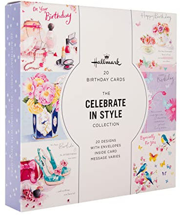 Hallmark Birthday Card Multipack Floral Designs for Her, Female, 20-Pack | Size 16x16cm, 20 Designs, Purple , Pink, Matte Finish, White Envelopes, Message inside cards depends on the design