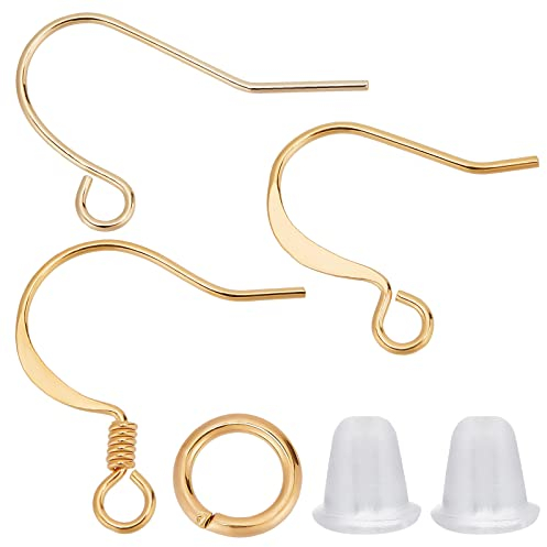 CREATCABIN 1 Box 500pcs 18K Gold Fishhook Earring Hooks 3 Styles Ear Fishhook Wires Stainless Steel Findings Ear Wires Fish Hooks with Loop 150pcs Jump Rings for Jewelry Making DIY