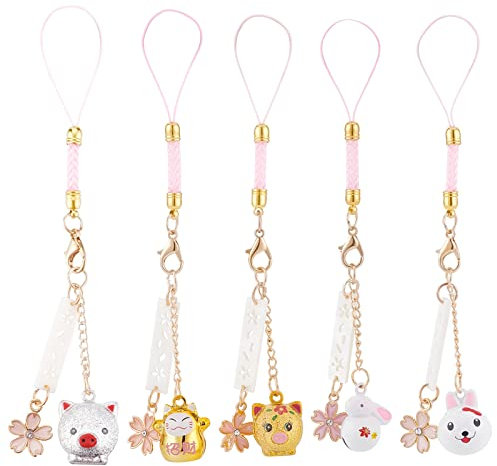 WEBEEDY 5 Uds Abalorios para Teléfono, Correas Kawaii, Correa para Teléfono Móvil, Cordón para Teléfono, Colgante para Bolso de Coche, Correas para Llavero, Adornos de Flores de Cerezo