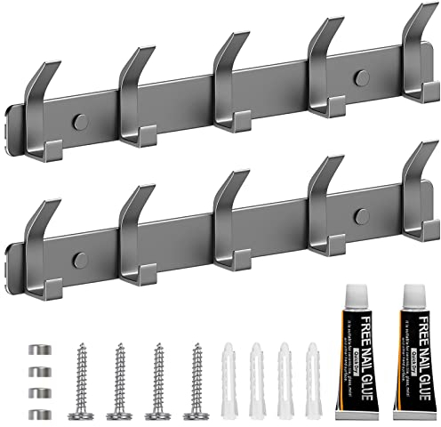 TENXSNUG Kleiderhaken Wand Garderobenleiste, 2 Stück Hakenleiste Garderobe Garderobenhaken Wandhaken mit 5 Haken, Wandgarderobe Gaderobenhakenleiste Jackenhalter für Küche, Bad und Schlafzimmer, Grau
