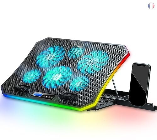 TopMate C12 Ventilateur PC Portable RGB de Jeu Bureau, Refroidisseur pour Ordinateur Portable 15,6-17,3, Support de Refroidissement avec 8 Hauteurs Réglables et 6 Ventilateurs- LumièreLED Glace Bleue