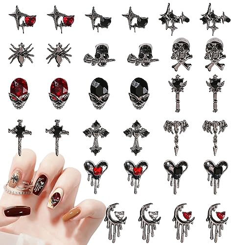 Schädel Nagel Kunst Charms, 32 Stück Metall Punk Nail Art Strass, Legierung Herz Schädel Spinne Hand Nagel Kunst Dekorationen für Halloween Party Versorgung Nägel DIY Dekoration (Pistole schwarz)
