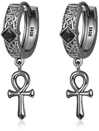 Ankh Cross Hoop Earrings Sterling Silber Schwarz Ankh Hoop Huggie Earrings Ankh Egyptian Ancient Hoop Earrings Schmuck für Männer Frauen