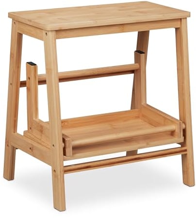 Relaxdays Taburete Plegable, 2 Escalones, hasta 100 kg, Niños, Hogar, 48 x 45 x 51 cm, Banqueta Bambú, Natural