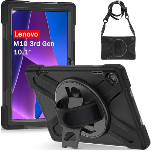 Junfire for Lenovo Tab M10 3rd Gen Case 10.1 inch 2022, Heavy Duty Rugged Case for Lenovo M10 Gen 3 Tablet with Screen Protector Kickstand Hand Strap Shoulder Belt for TB-328-Black