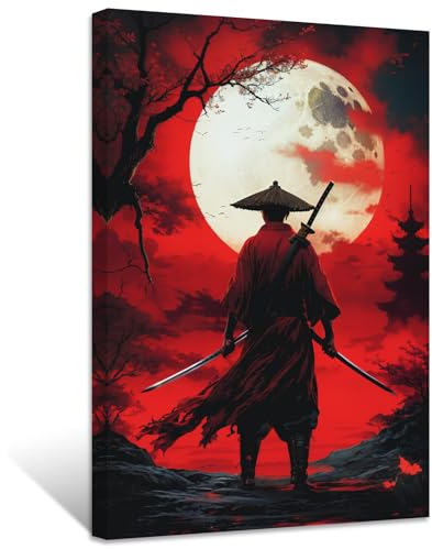 ZXHYWYM Samurai Leinwandbilder Samurai Hintergrund Vollmond Poster Drucke japanischer Krieger Katana Bilder Bushido Gemälde Heimdekoration Gerahmt (Bild-2, (30.00 x 45.00 cms))