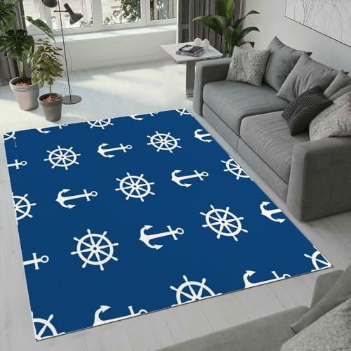 ROUSKI Maritime Teppich Wohnzimmer Schlafzimmer 3D Muster Design Anker Rouletterad Teppiche rutschfest Waschbarer Kurzflor Teppich Grösse 120x180 cm Flauschig Weich Soft Home Outdoor Carpet Matte