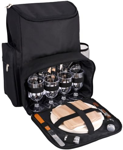 Les Jardins de la Comtesse - Picknick-Rucksack für 4 Personen – komplett mit Kühlfach – robuste und leichte Teller – viele Taschen – 29 x 15 x 44 cm (schwarz)