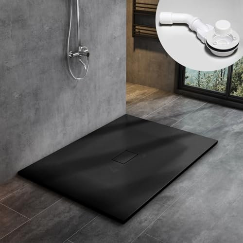 WITEN&NOCK SMC Duschwanne 140x100cm schwarz Brausewanne Duschtasse extra flache Steinoptik Antirutsch inkl. Abdeckung und Ablaufgarnitur Ø90mm Siphon