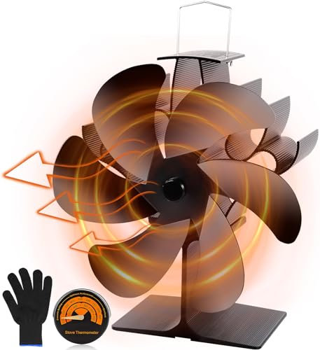 MTINRNI Ventilador de chimenea,Ventilador de estufa de 6 palas,con termómetro magnético y Guantes,Circulación de Aire Caliente,Ventilador no eléctrico,para leña/leña/chimenea para estufas de leña.