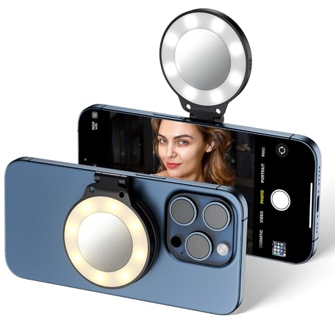 JJC Magnetisches Selfie-Ringlicht mit Selfie-Spiegel, wiederaufladbares Telefonlicht - 3 Helligkeitseinstellungen, 180° umklappbar für Selfie-Streaming TikTok Instagram Meeting Video
