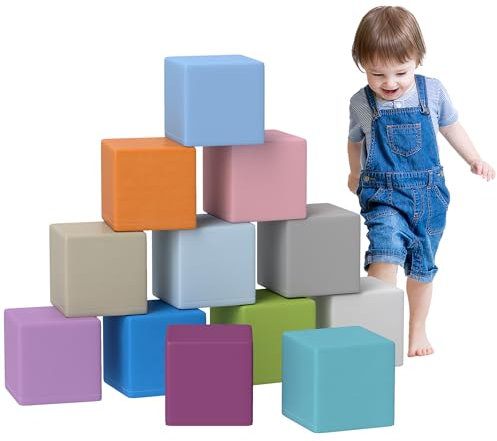HOMCOM 12 Piece Soft Play Foam Blocks Toy Building Stacking Compliant Learning Toys for Toddler Baby Kids Preschool Blue