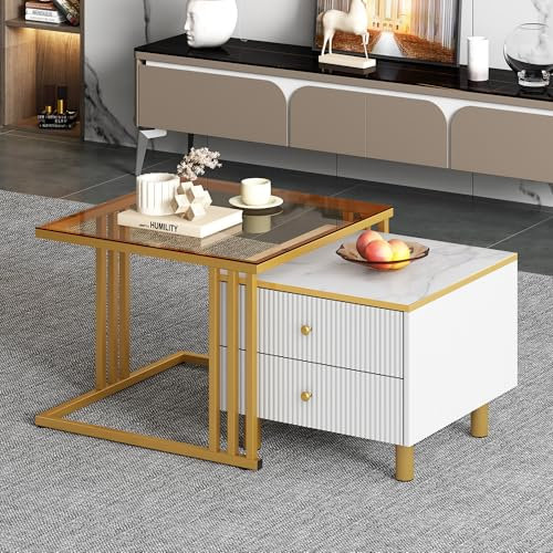 BTM Lot de 2 Tables Basses Carrées Gigognes avec Motif Marbre, Table Basse Salon en Verre, Table Basse Moderne avec 2 Tiroirs, Cadre en Métal Doré, 59.5x60x45.6cm +50x50x40cm, Blanc et Brun thé