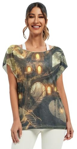 Mignon Chat Couleur Peinture à l'huile Chauve-souris Haut d'été Femmes Blouses Casual Summer Tops Femmes S-XXL, Maison dans l'arbre fantastique, Taille L