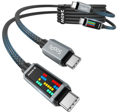 SOOPII 240W USB C to USB C Cable, 1.2M-2Pack Fast Charging USB C Cable with LED Display, Nylon Type C Charging Cord for iPhone 16/16 Plus/16 Pro/16 ProMax/15, iPad Pro/Air, Galaxy S24 Ultra, Black