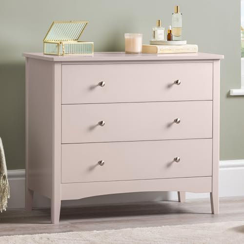 CHRISTOW Pink Chest Of Drawers, 3 Drawer Storage Organiser Unit, Modern Wooden MDF Bedroom Cabinet Furniture, Living Room Hallway, Brushed Chrome Handles, Smooth Glide Runners (70cm x 80cm x 40cm)