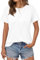 EFFAN Womens Summer Pleated Plain Tops White Stretch Short Sleeve Casual T-Shirts Ladies Dressy Loose Fit Blouses, White, M