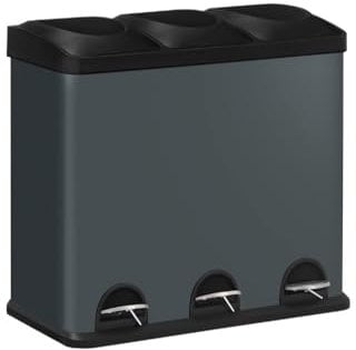 EVRE 45 Litre Bin with 3 15 L Compartments with Removable Inner Buckets and Handles for Waste Separation Recycling Trash Can (Grey)