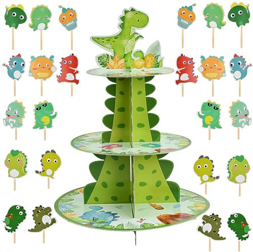 Dinosaurier Cupcake Ständer, 3 Etagen Pappe Kuchenständer, mit 24 Stück Karikatur Dinosaurier Tortenaufsatz, Wiederverwendbar, für Geburtstagsfeiern, Familienfeiern, Bankette