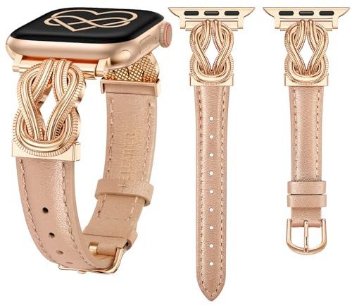 Wearlizer Leather Strap Compatible with Apple Watch Straps 40/38/41/42mm Women, Elegant Slim Dressy Strap with Celtic Knot Buckle for iWatch Series 11 10 9 8 SE 7 6 5 SE 4 3 2 1 Rose Gold