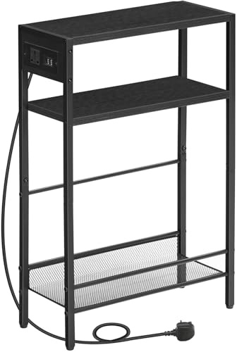 HOOBRO Slim Side Table with Charging Station, Narrow Bedside Table for Small Spaces, 3-Tier End Table with USB Ports and Power Outlet, Black EBB102KBZ01