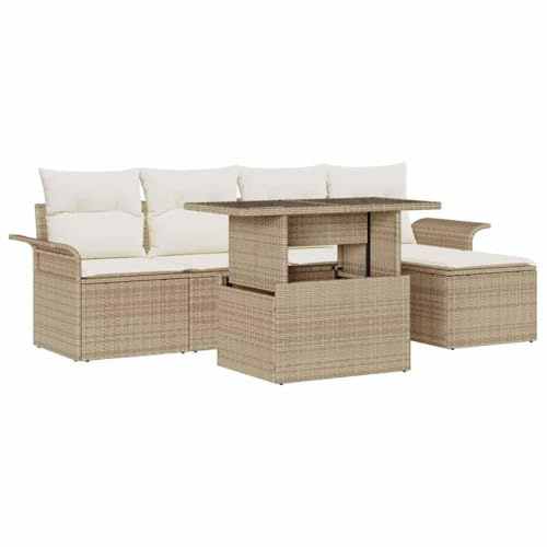 vidaXL Garten-Sofa-Set mit Kissen mit Speicher 6 pcs Beige Poly Rattan, Moderne Garten-Sofa Set, rechteckig, wetterfestes Möbel, bequemer Außenbereich, langlebige Module, höhenverstellbar.