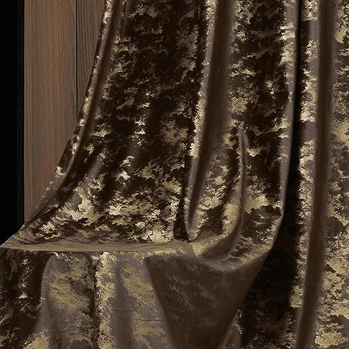 2er Set Samtvorhang Kräuselband, Luxus Samt Verdunklungsvorhänge mit Goldprägung, Blickdicht Gardinen für Schienen, Thermo Schiebevorhänge für Wohnzimmer, Schlafzimmer(H183xB132CM, Braun)