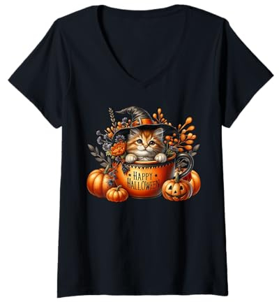 Femme Halloween Witch Cat in Happy Halloween Coffee Mug Kitten Mom T-Shirt avec Col en V