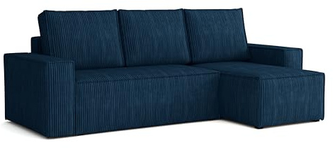 Ecksofa L Form Bergamo 240x142 cm mit Schlaffunktion und Bettkasten Couch Cord Schlafsofa Schlafcouch universale Seite klein Flur Sofa, 3 Sitzer Wohnlanschaft Cornersofa Bettsofa Kissen dunkelblau